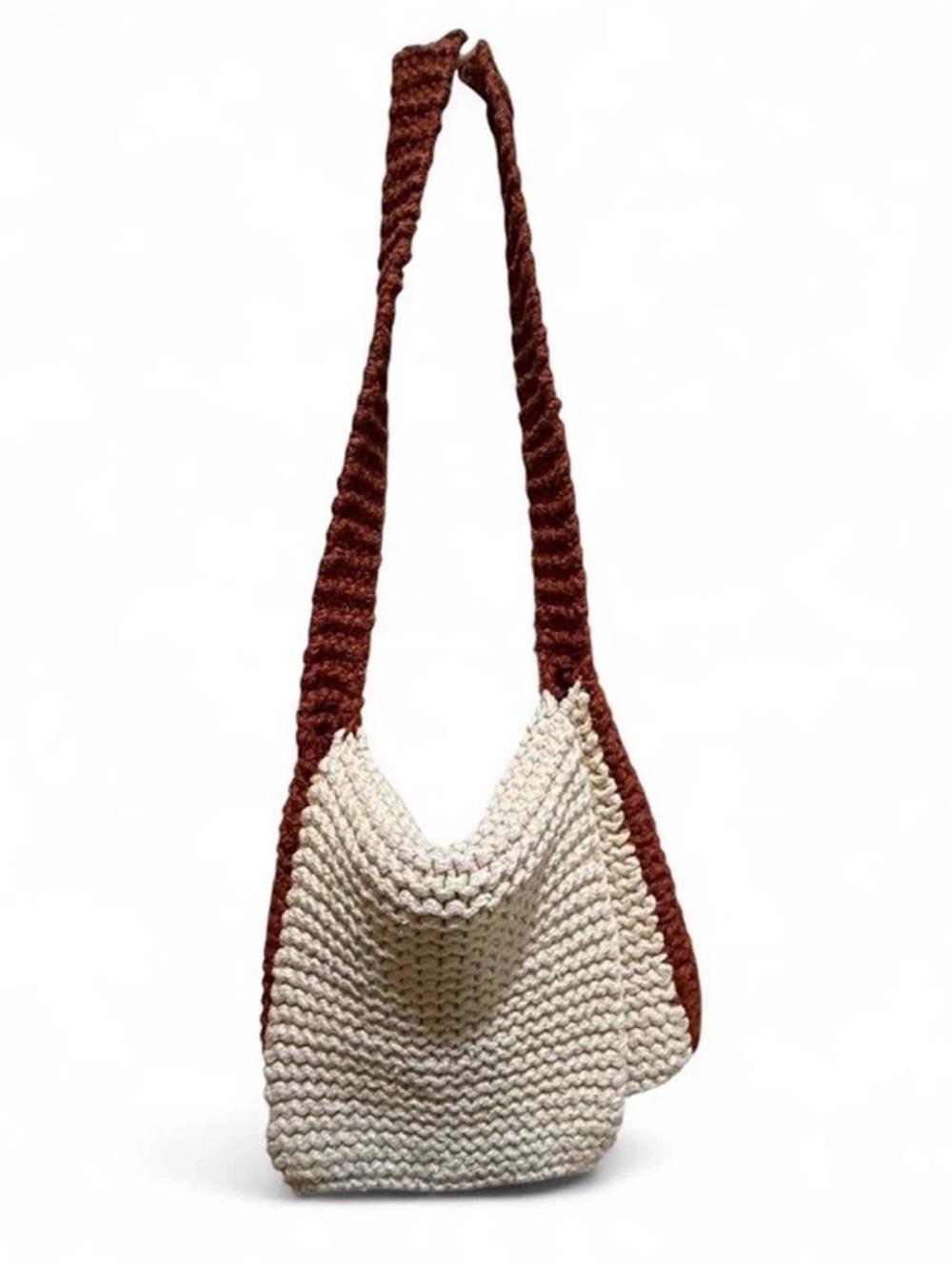 Source Unknown Cream and Brown Hand-Knit Shoulder Bag